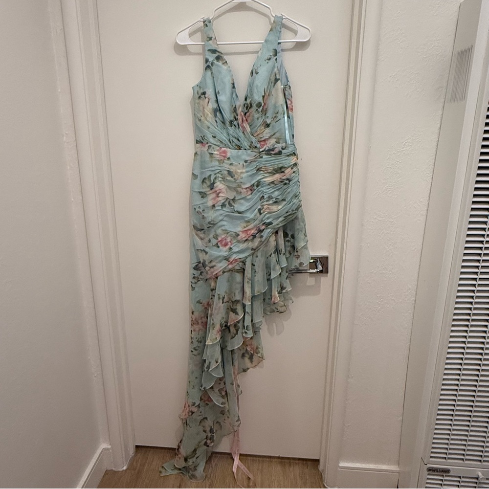 Mac Duggal Floral Blue Sleeveless Dress